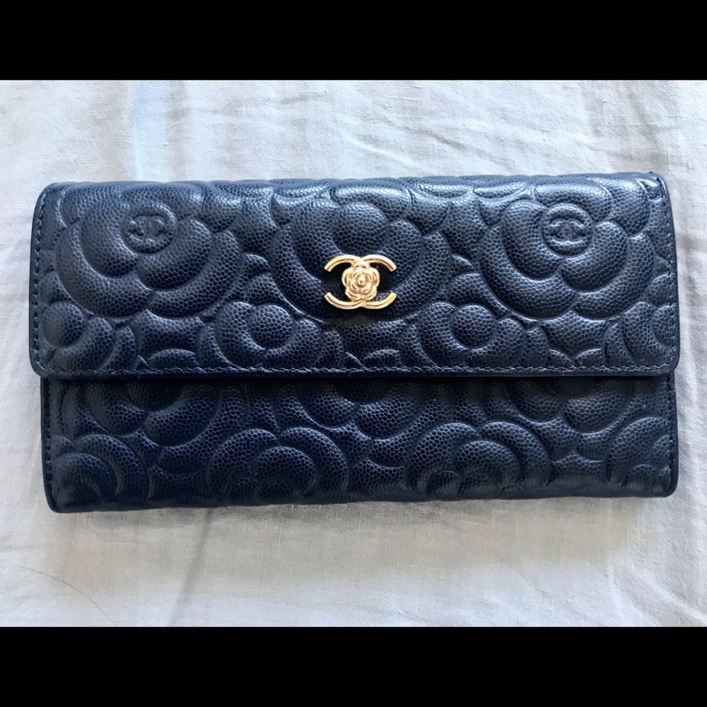 Chanel Navy Camellia Embossed Long Caviar Wallet